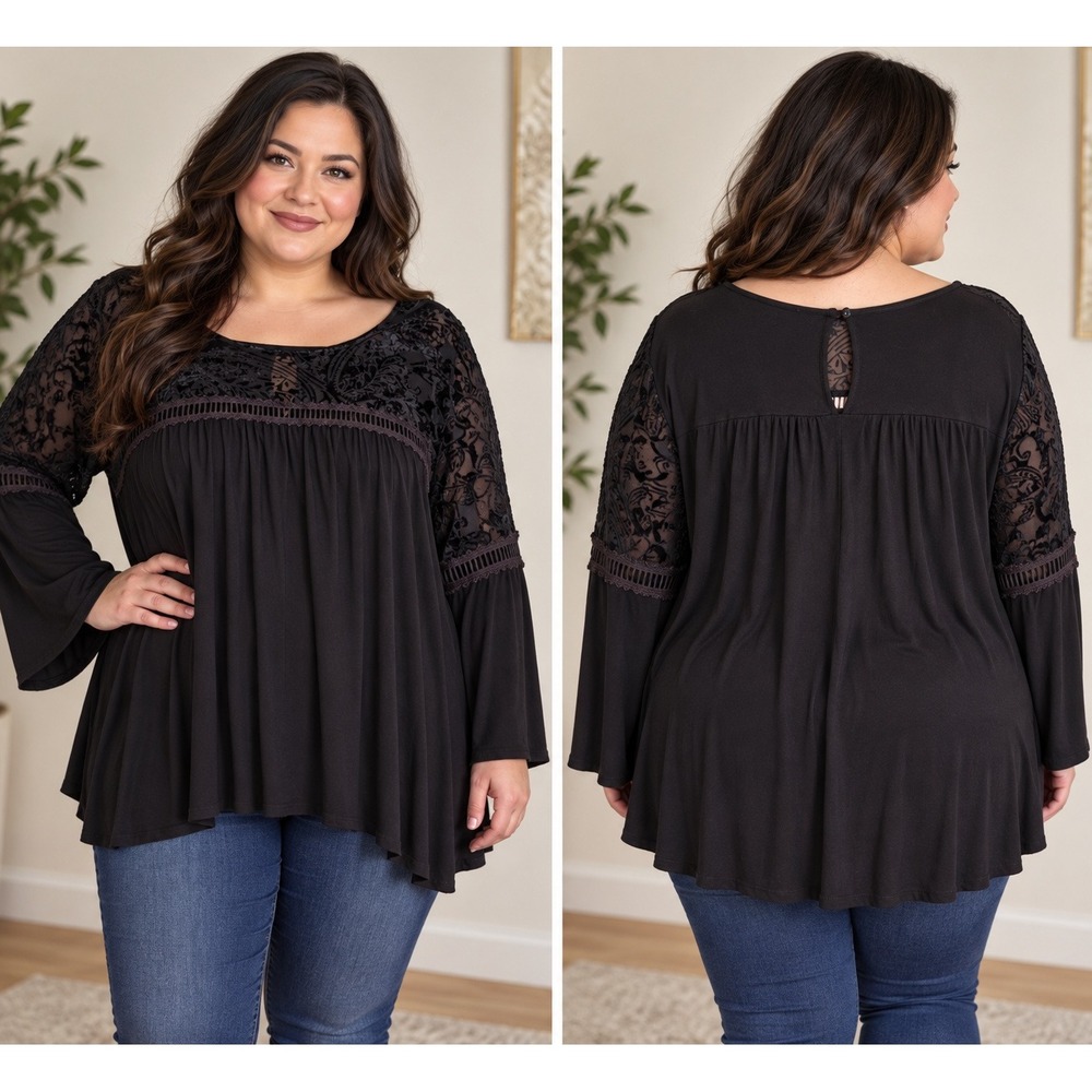 New Directions Curvy Black Velvet Burnout Paisley Bell Sleeve Tunic Top 2X